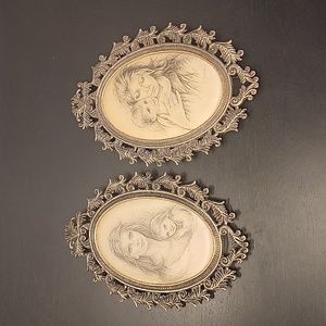 Vintage Rare Pair of Framed Silk Fabric Portraits Mother and Child G. Tarantino